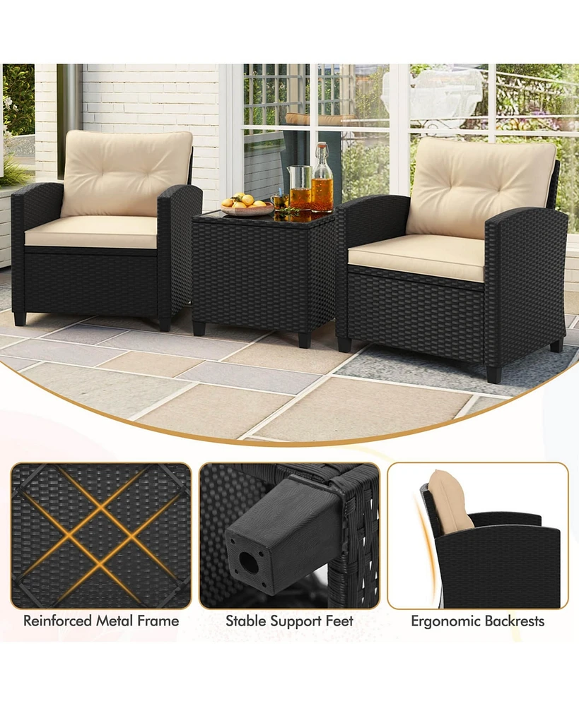 3 Pcs Patio Furniture Set with Tempered Glass Coffee Table Washable Cushions