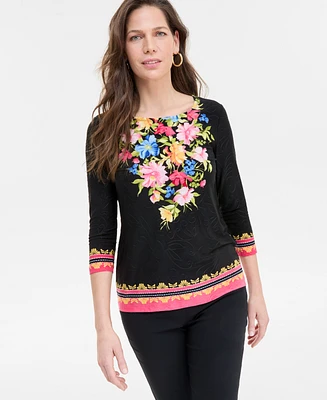 Jm Collection Women's 3/4 Sleeve Scoop-Neck Jacquard Top, Exclusively at Macy's