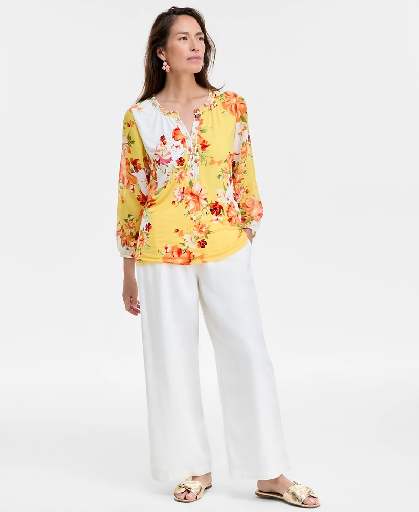 Jm Collection Women's Printed Embellished Split-Neck Top, Exclusively at Macy's