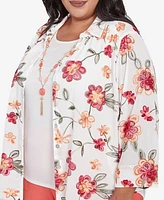 Alfred Dunner Plus Catalina Island Bright Floral Two One Collared Neck Top with Necklace