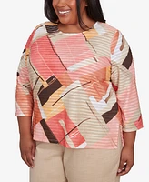 Alfred Dunner Plus Catalina Island Colorful Patchwork Crew Neck Top