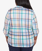 Alfred Dunner Plus Size Nantucket Plaid Knit Button Front Collared Top
