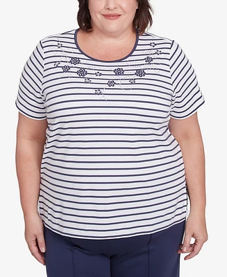 Alfred Dunner Plus Size Nantucket Beaded Floral Striped Crew Neck T-Shirt