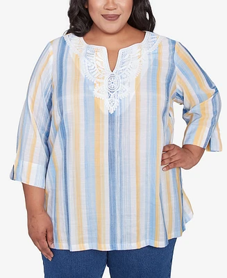 Alfred Dunner Plus Size Flower Power Striped Flower Detail Button Front Top