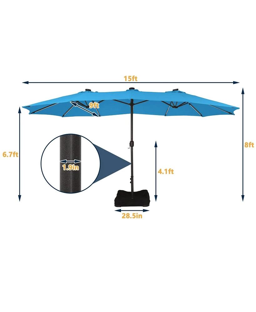15 Ft Double-Head Patio Umbrella with Base Included Large Outdoor Solar Detachable Lights Rectangular Crank Market Umbrella, Red