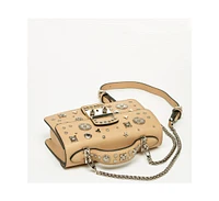 Susu Women s Beige Studded Crossbody Bag Designer Leather Shoulder Purse with Chain Strap and Top Handle, Statement Handbag with Silver Embellishments