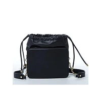 Susu Black Leather Bucket Bag Medium Size Leopard Print Purse for Women with Drawstring Design