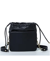 Susu Black Leather Bucket Bag Medium Size Purse with Snakeskin Print and Drawstring Design for Women