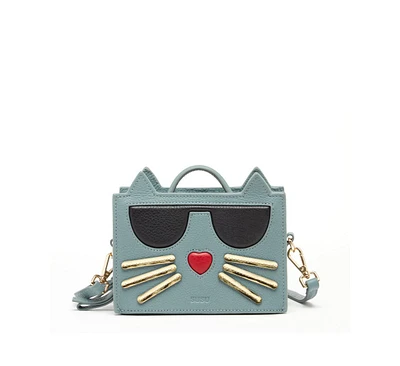 Susu Leather Cat Purse Crossbody Bag Mineral Blue Handbag for Women with Top Handle and Adjustable Strap