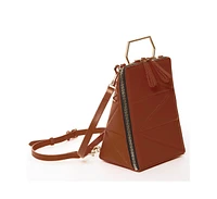 Susu Brown Leather Backpack Purse Unique Convertible Crossbody Bag for Women with Geometric Shape and Metal Top Handle