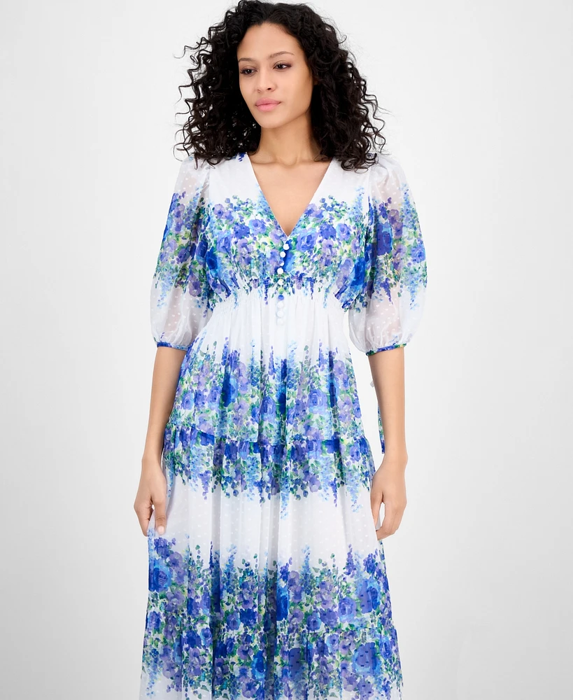 Taylor Women's Printed V-Neck Smocked-Waist Dress