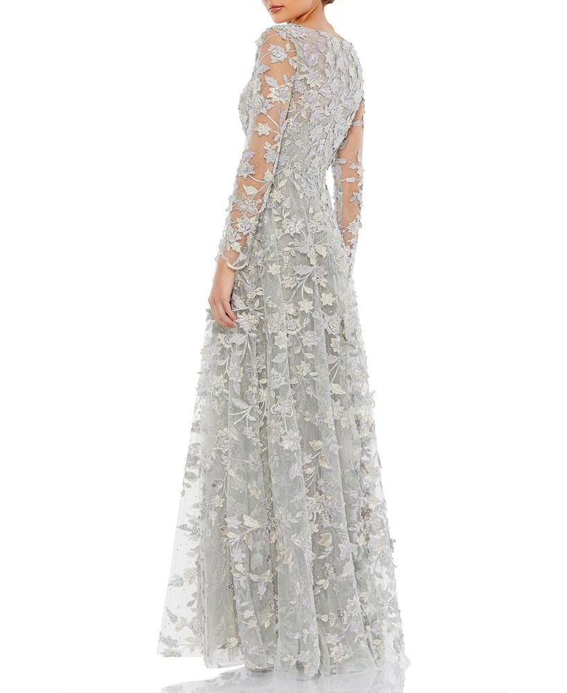 Mac Duggal Women's Floral Applique Long Sleeve Illusion Gown