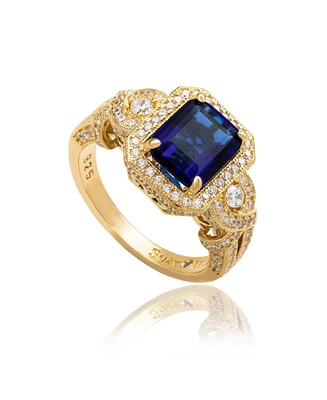 Suzy Levian Yellow Sterling Silver Emerald-Cut and White Cubic Zirconia Pave Ring