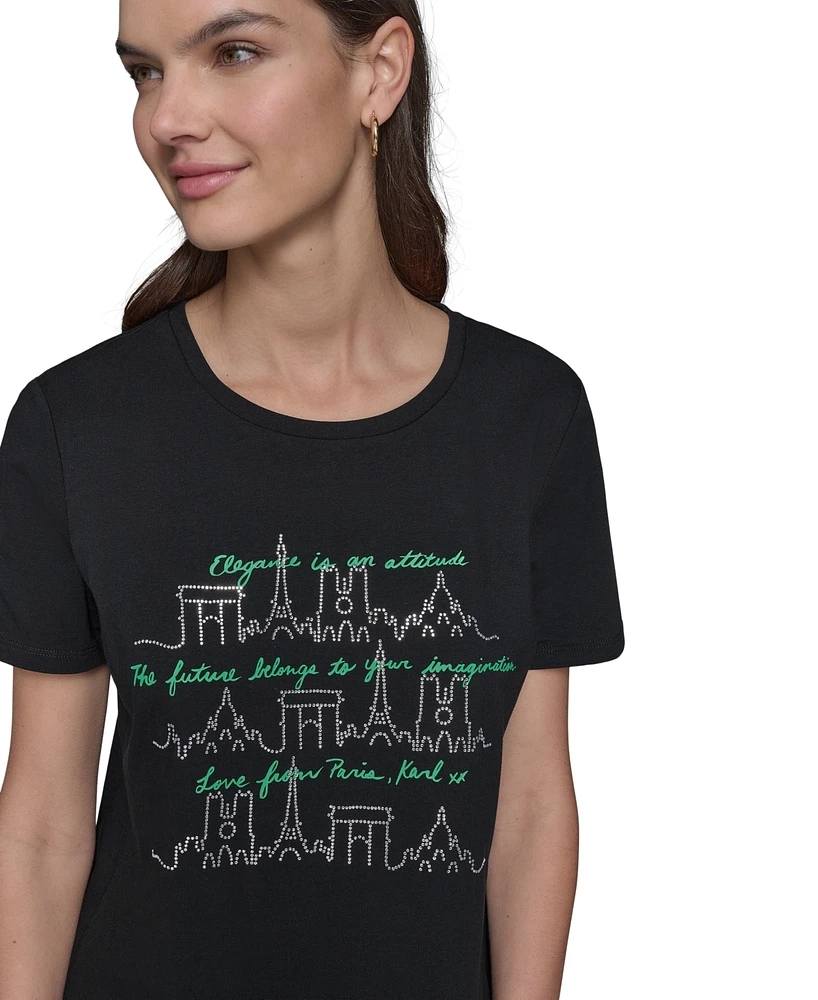 Karl Lagerfeld Paris Women's Rhinestone Skyline Graphic T-Shirt