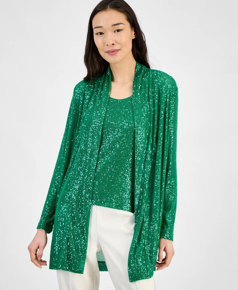 Anne Klein Women's Sequin Open-Front Long-Sleeve Cardigan