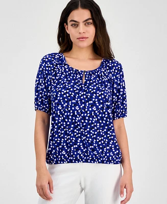 Ak Anne Klein Petite Keyhole-Neck Elbow-Sleeve Top