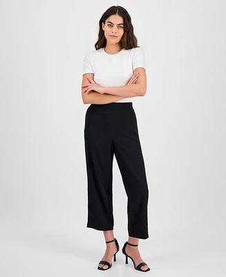 Ak Anne Klein Petite Textured Pull-On Mid-Rise Wide-Leg Pants