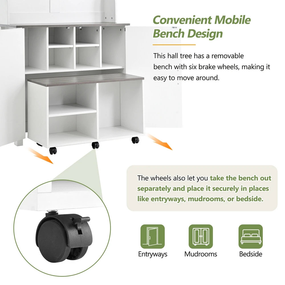 Farmhouse 4-in-1 Hall Tree with Barn Doors: Movable Bench, Hooks, Shoe Storage, & Wheels