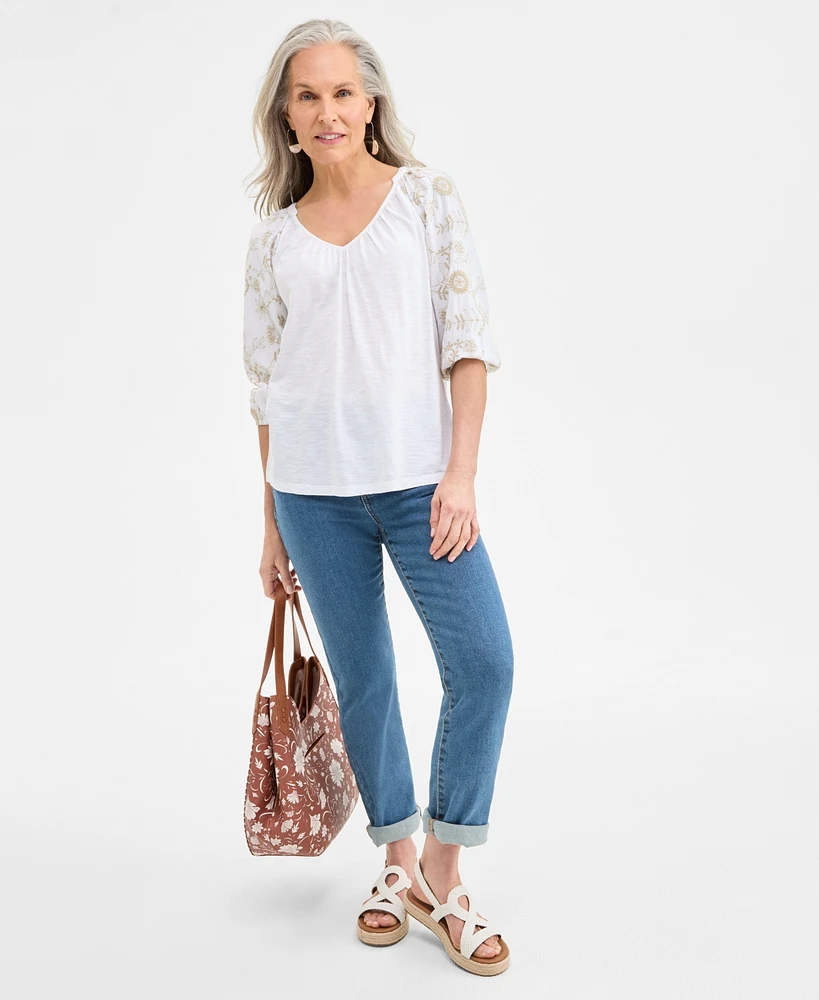 Style & Co Women's Embroidered 3/4-Sleeve V-Neck Top
