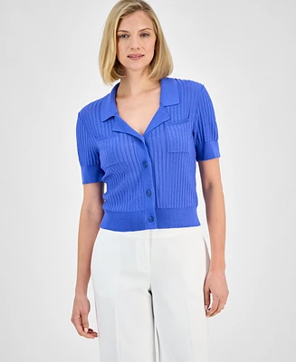 Tahari Asl Stripe-Textured Knit Button-Front Top, Regular & Petite