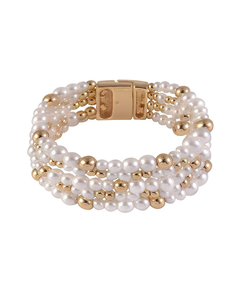 Laundry by Shelli Segal 4 Row Pearl and Gold Tone Beaded Magnetic Closure Bracelet