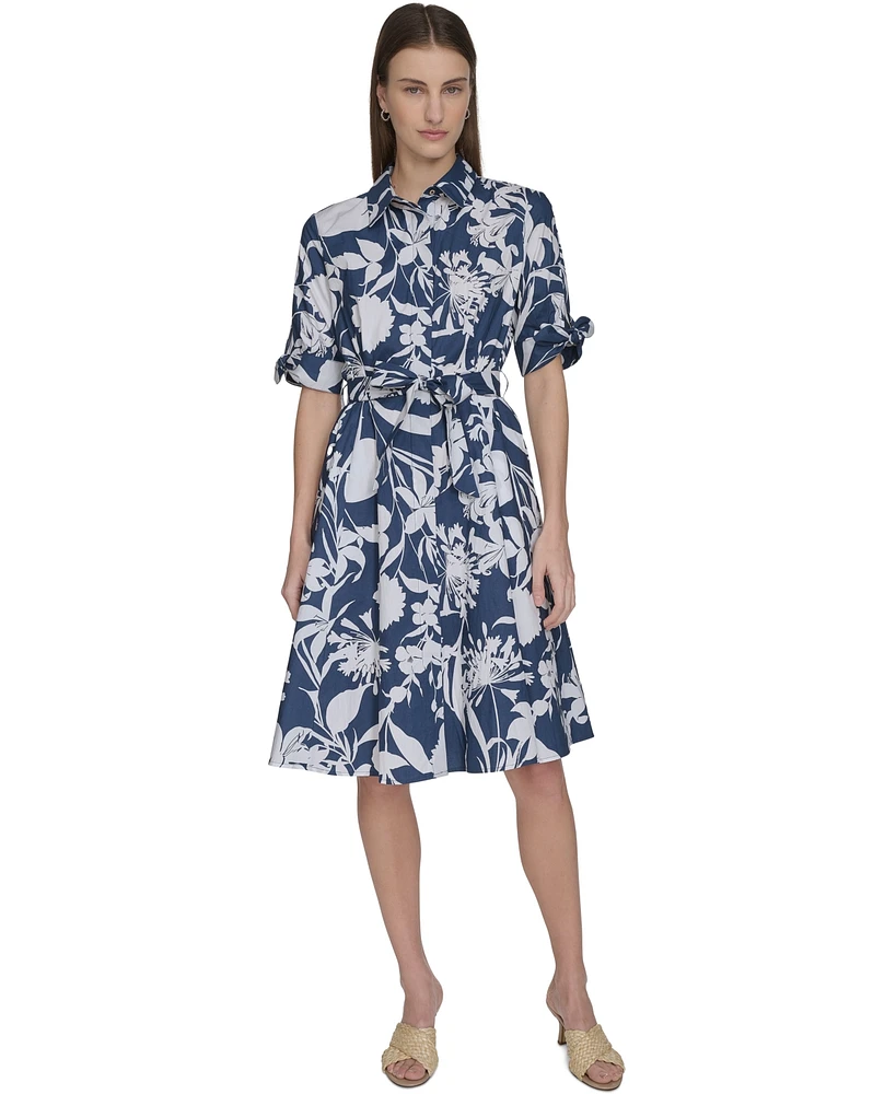 Calvin Klein Women's Cotton Floral Belted Tie-Cuff Dress