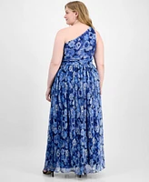 B Darlin Trendy Plus Size Printed One-Shoulder Gown