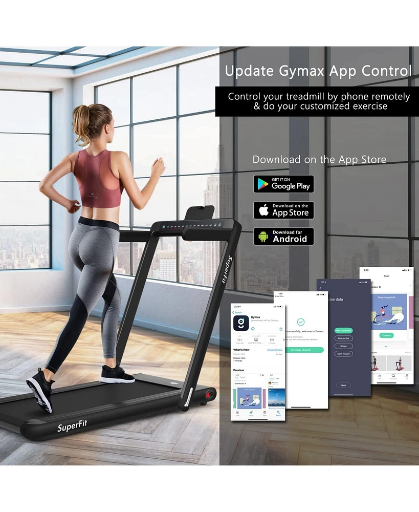 2 in 1 Folding Treadmill with Dual Display, 2.25HP Superfit Under Desk Electric Pad Treadmill, Installation-Free, Blue Tooth Speaker, App Control, Rem