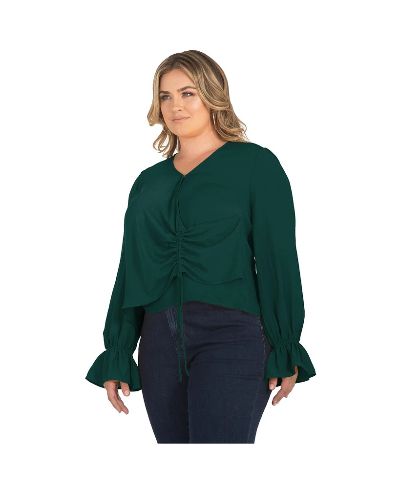 Plus Women's Long Flute Sleeve V-Neck Blouse Tops