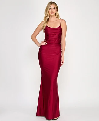 Crystal Doll Juniors' Ruched Strappy-Back Satin Gown
