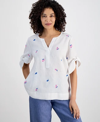 Charter Club Women's 100% Linen Floral-Embroidered Tie-Sleeve Top, Exclusively at Macy's
