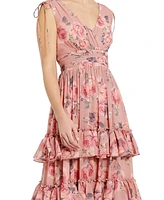 Mac Duggal Women's Drawstring Shoulder Floral Chiffon Tiered Gown