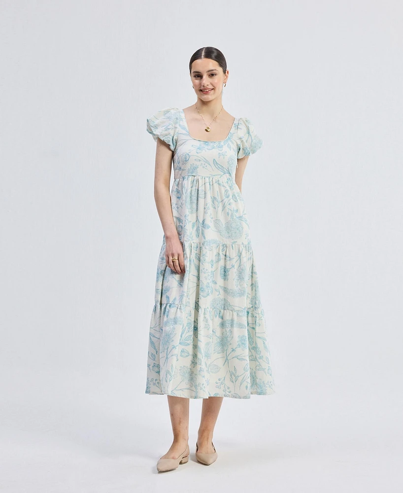 Reistor Women's Puff Sleeve Tiered Midi Dress Blue Florals