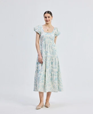 Reistor Women's Puff Sleeve Tiered Midi Dress Blue Florals