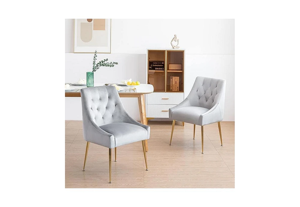 Dyhome Modern Dining Chairs Set of 2, Mid Century with 5.12” Cushions and Golden Legs, Velvet Upholstered Back