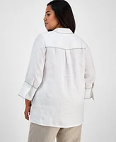 Charter Club Plus Size 100% Linen Embroidered Top, Exclusively at Macy's