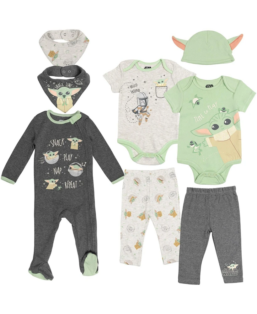 The Mandalorian Baby Boys Star Wars Yoda Bodysuits Sleep N' Play Pants Hat and Bibs 8 Piece Outfit Set