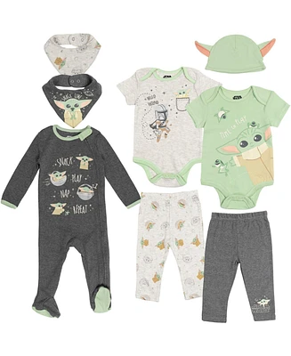 The Mandalorian Baby Boys Star Wars Yoda Bodysuits Sleep N' Play Pants Hat and Bibs 8 Piece Outfit Set