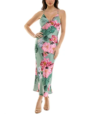 Katia Rae Juniors' Floral Satin Twist-Front Cutout Dress