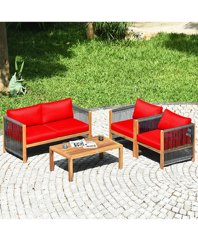 Gymax 8PCS Patio Outdoor Furniture Conversation Set Acacia Wood W/ Cushions
