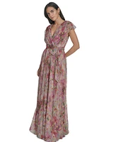Jessica Howard Women's Metallic Floral-print V-neck Surplice Gown