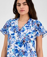 Ak Anne Klein Petite Floral Button-Down Ruffle Blouse