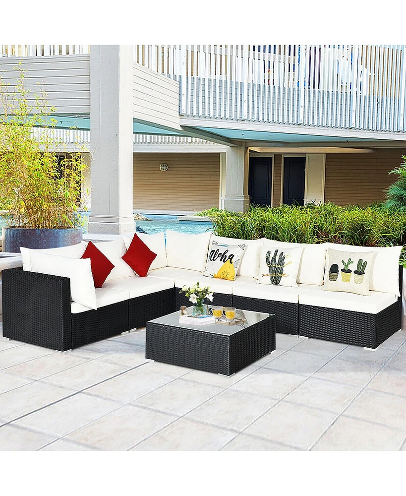 Gymax 7 Piece Patio Rattan Conversation Sectional Furniture Set with Cushion Pillow