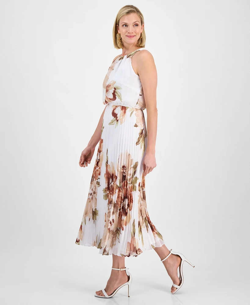 Robbie Bee Petite Floral-Print Elastic-Waist Pleated Halter Midi Dress