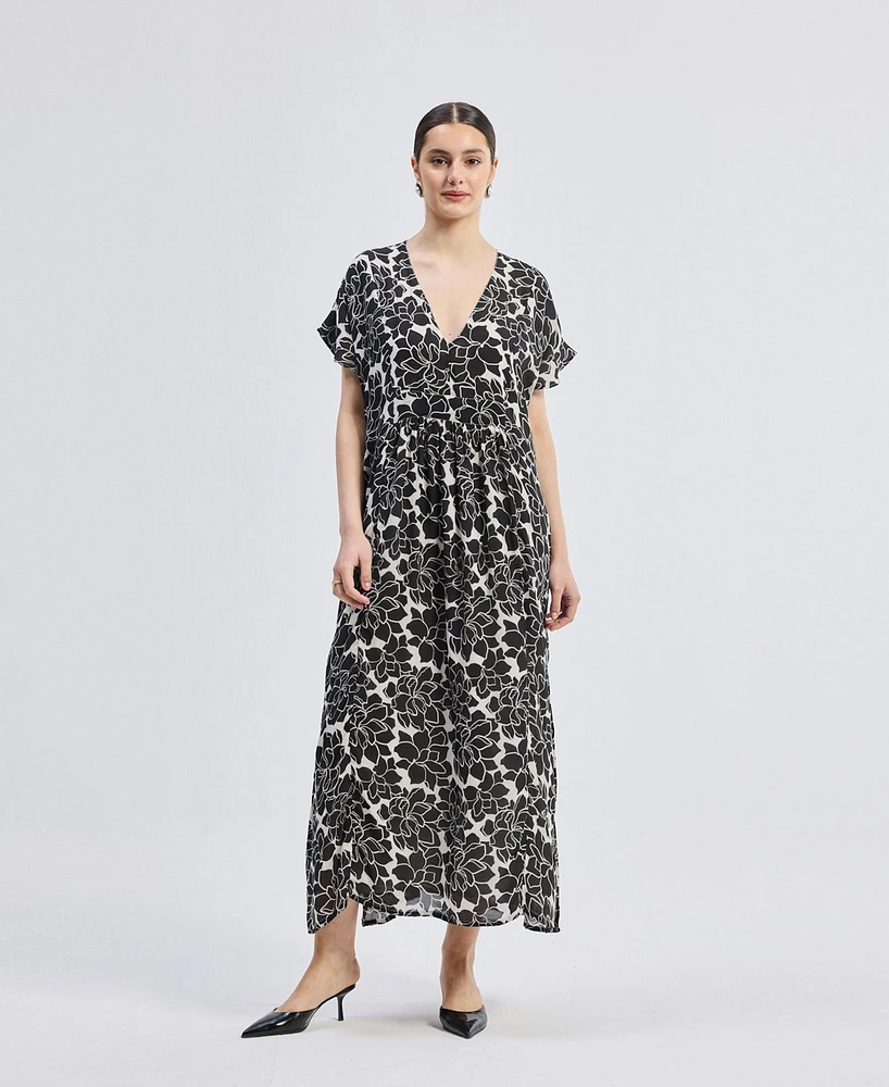 Reistor Women's Deep V-neck Maxi Dress with Front Gathers Black Florals
