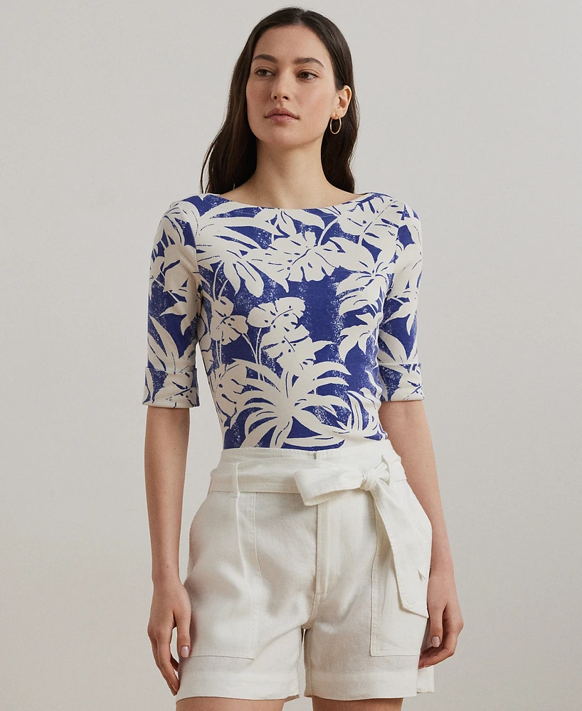 Lauren Ralph Lauren Petite Palm-Frond-Print Cotton Boatneck Tee