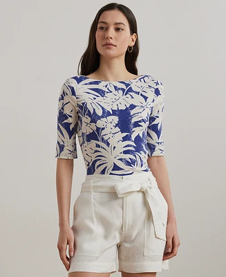 Lauren Ralph Lauren Petite Palm-Frond-Print Cotton Boatneck Tee