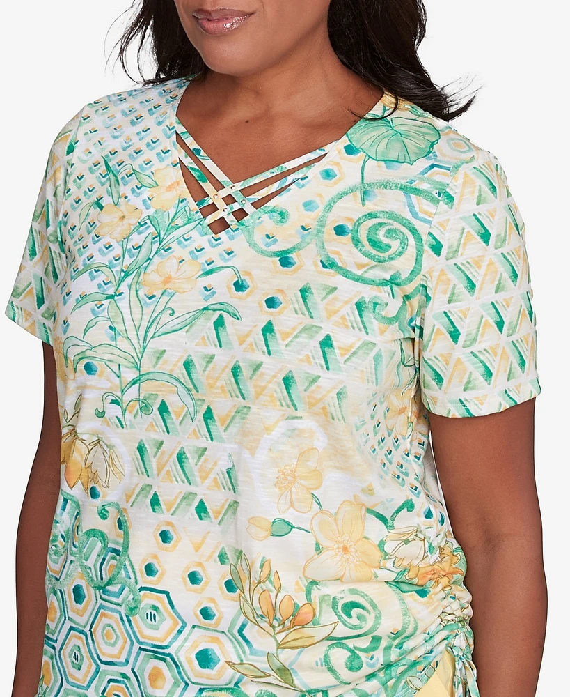 Alfred Dunner Petite Rise & Shine Tropical Geometric Patchwork Top