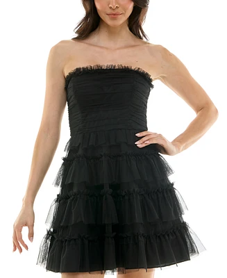 pear culture Juniors' Ruffled Tulle Strapless Fit & Flare Dress
