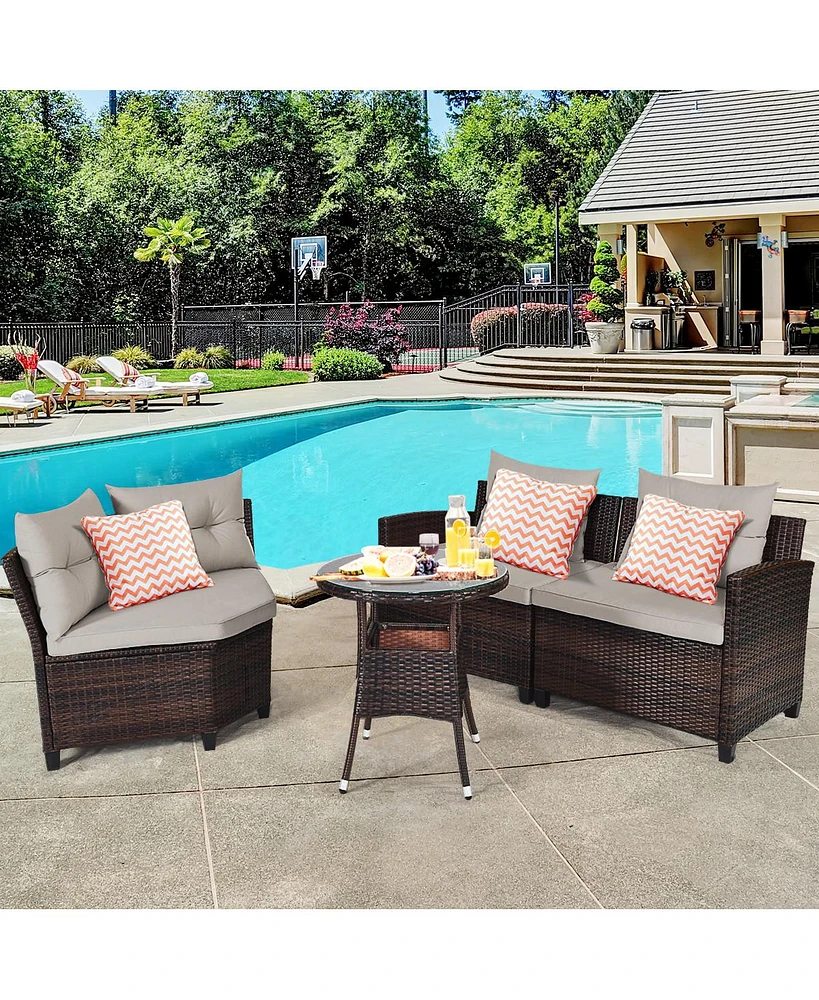 Gymax 4PCS Rattan Outdoor Patio Furniture Set Sectional Sofa Table w/ Cushions